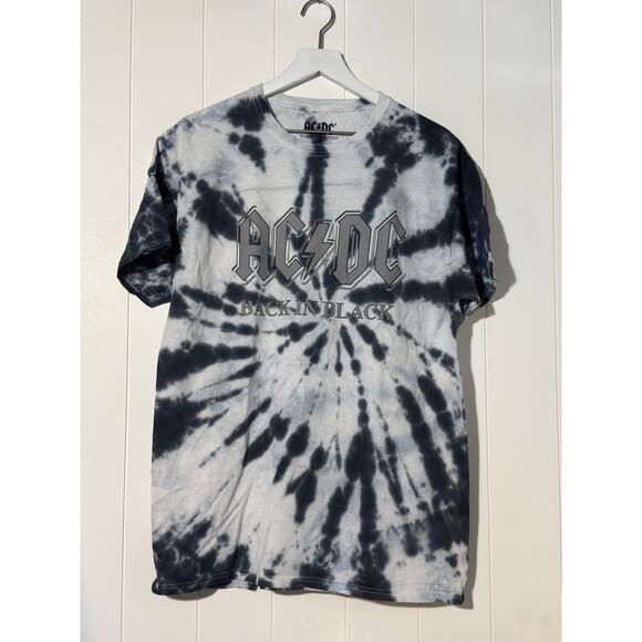 ACDC Back in Black Band T-Shirt Tie Dye Black White Size Medium - Picture 1 of 4